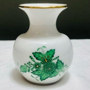 Herend Hungary Hand Painted Mini 2-3/4” Bud Vase Green Floral Gold Rim Porcelain